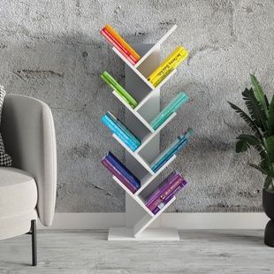 Стеллаж дерево для книг и журналов с 8 наклонными полками Вертикальная интерьерная полка Белый 01050 фото