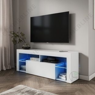 Стильна тумба під телевізор з LED підсвіткою 4 відкритими нішами та 1 закритою 140 см Білий 05041 фото