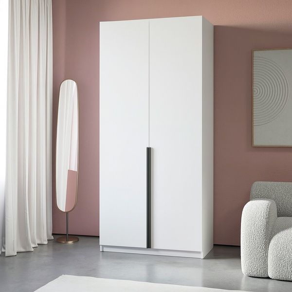 Висока розпашна ЛДСП шафа у стилі модерн з 3 висувними ящиками 5 полицями та 2 штангами 100 см Білий 02050.1000 фото