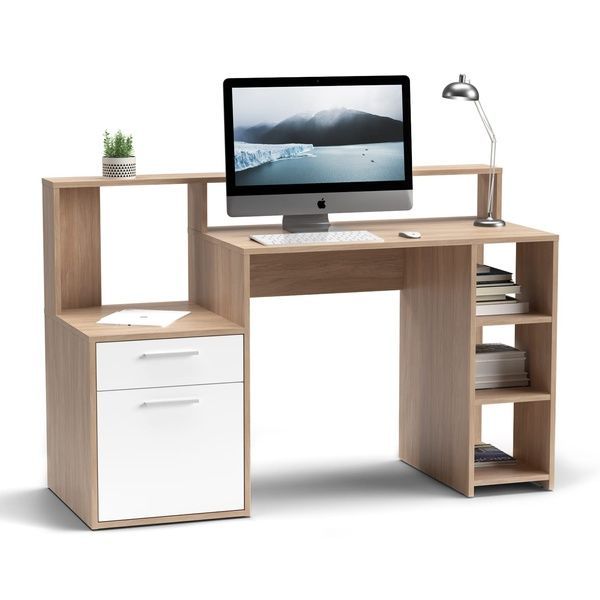 Письменный стол для работы за компьютером с тумбой и 5 открытыми полками для хранения Дуб Урбан Янтарный-Белый 07033 фото