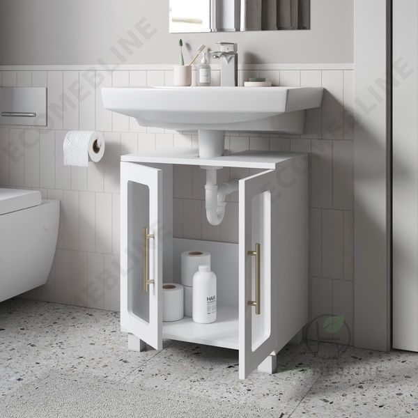 Дводверна тумба під умивальник з матовим склом в сучасному дизайні Шафка під мийку у ванну Білий 12008 фото