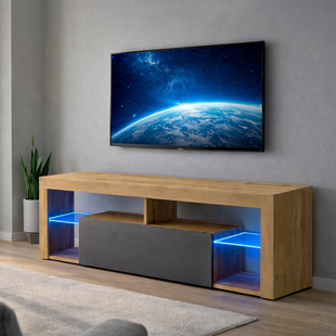 Дизайнерська тумба під телевізор з відкидною дверкою та LED підсвіткою 140 см шириною Дуб Вотан-Антрацит 05009 фото